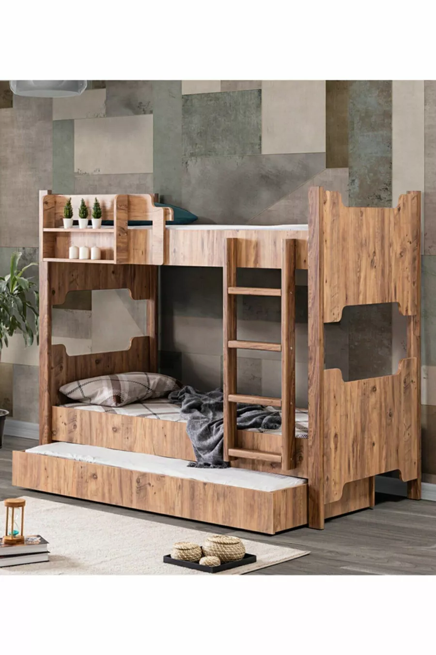 Lits superposés en profil MDF, lits superposés modulables Avrasya, lits superposés avec échelons en noyer