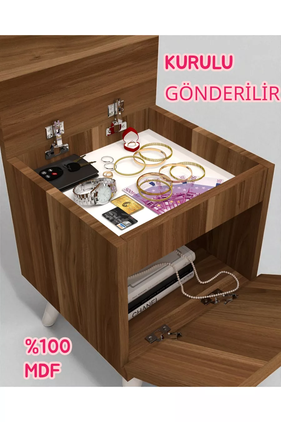 Table de chevet Gimli avec compartiment secret, MDF, assemblé, ne nécessite pas de montage