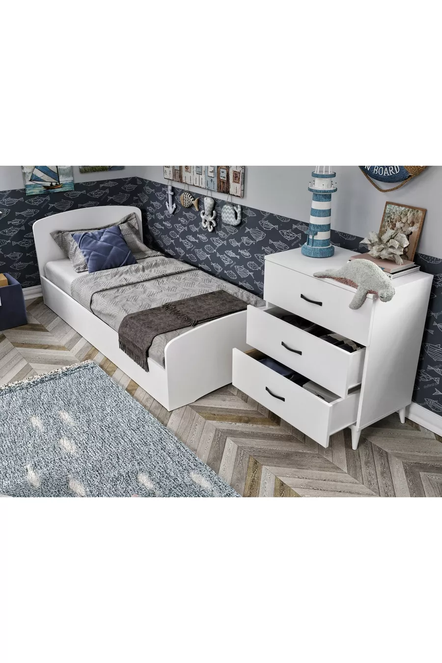 Ensemble de Chambre d'Enfant Soft Blanc - Lit, Armoire à 3 Portes, Commode à 3 Tiroirs, Tout en MDF