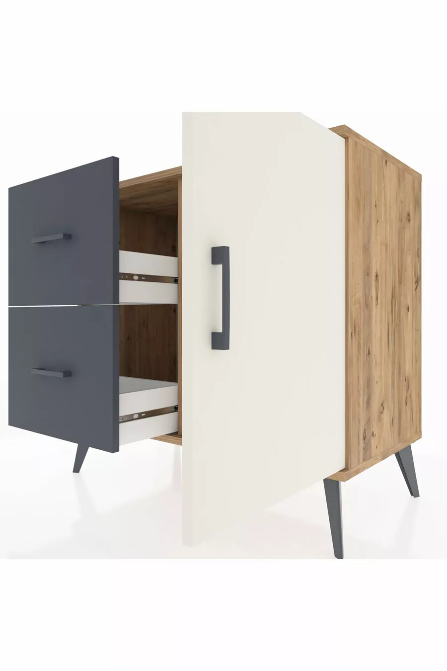 Commode Hyperion avec une seule étagère, 2 tiroirs et une porte, pin-gris/anthracite