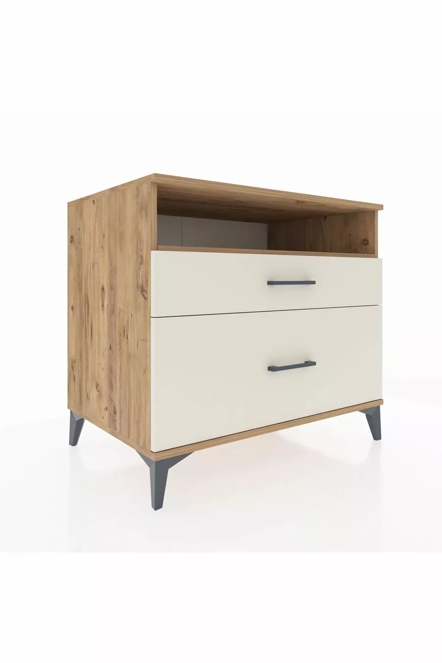 Commode Kronos à une étagère et 2 tiroirs en pin et pierre de lave