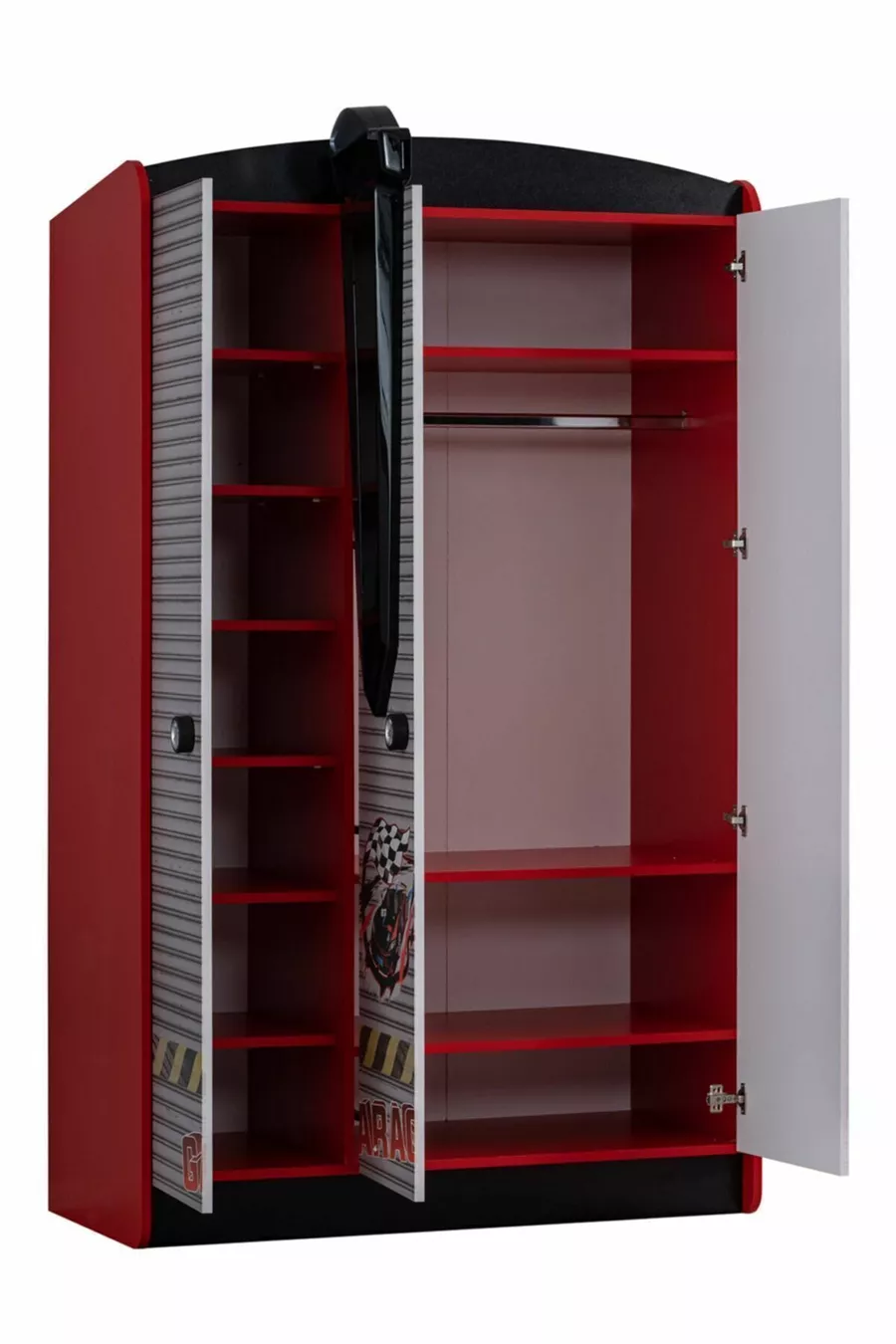 Chambre d'enfant - Lit à voiture avec pare-vent Jaguar - Armoire 3 portes, Bureau - Rouge