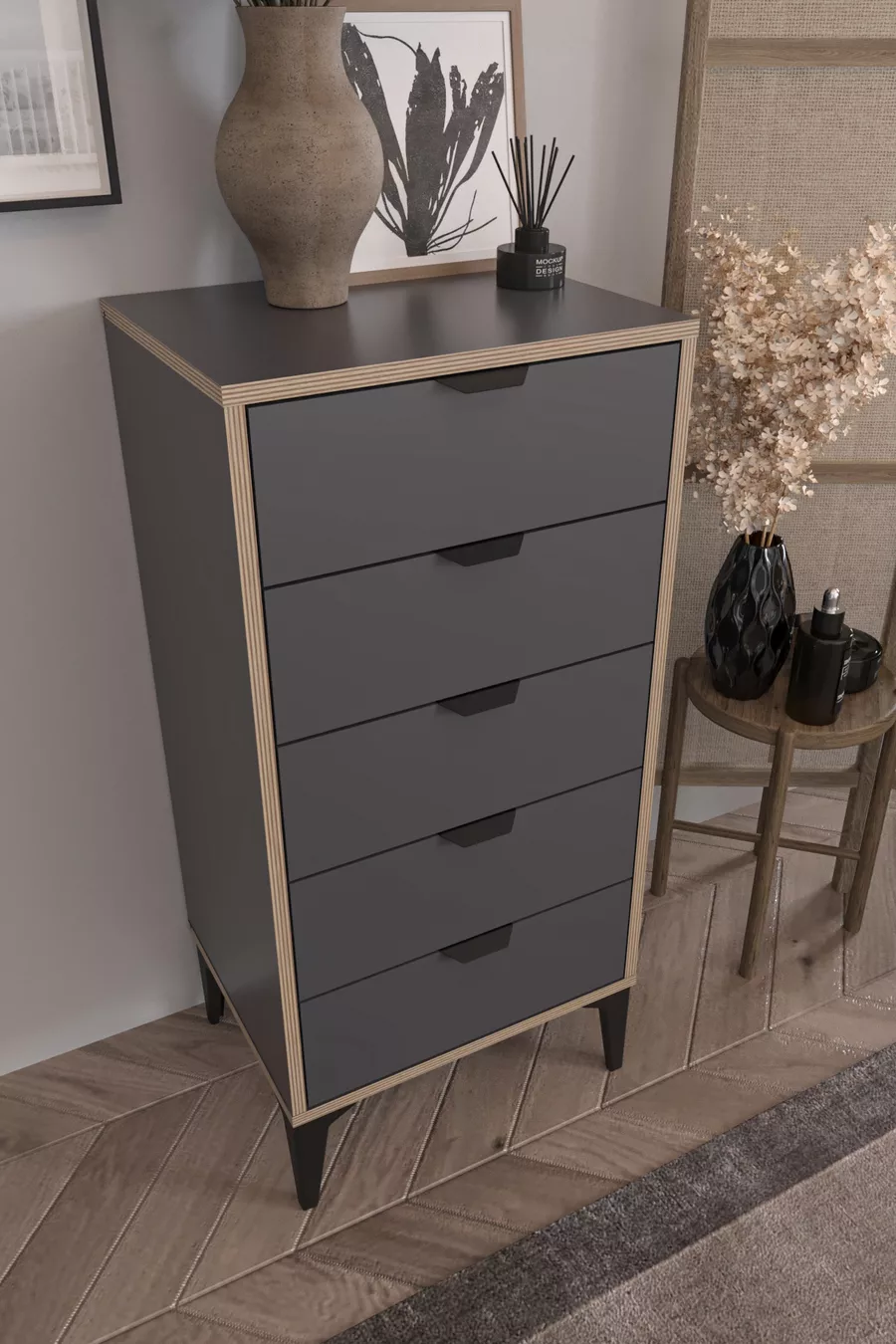 Commode Arden 5 tiroirs, panier à linge