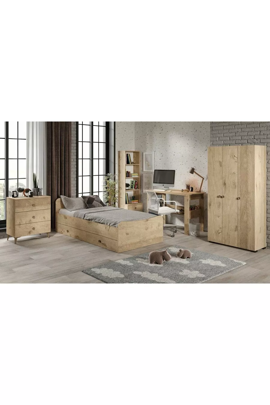 Ensemble de chambre d'enfant Selen Chêne - 5 pièces, tout en MDF de qualité supérieure
