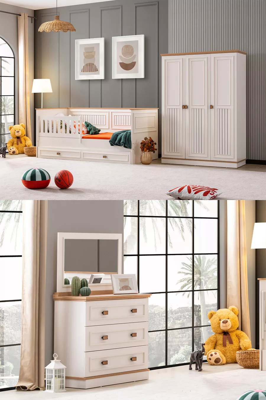 Ensemble de chambre jeune, armoire Zenit à 3 portes, lit à barreaux avec tiroirs, commode