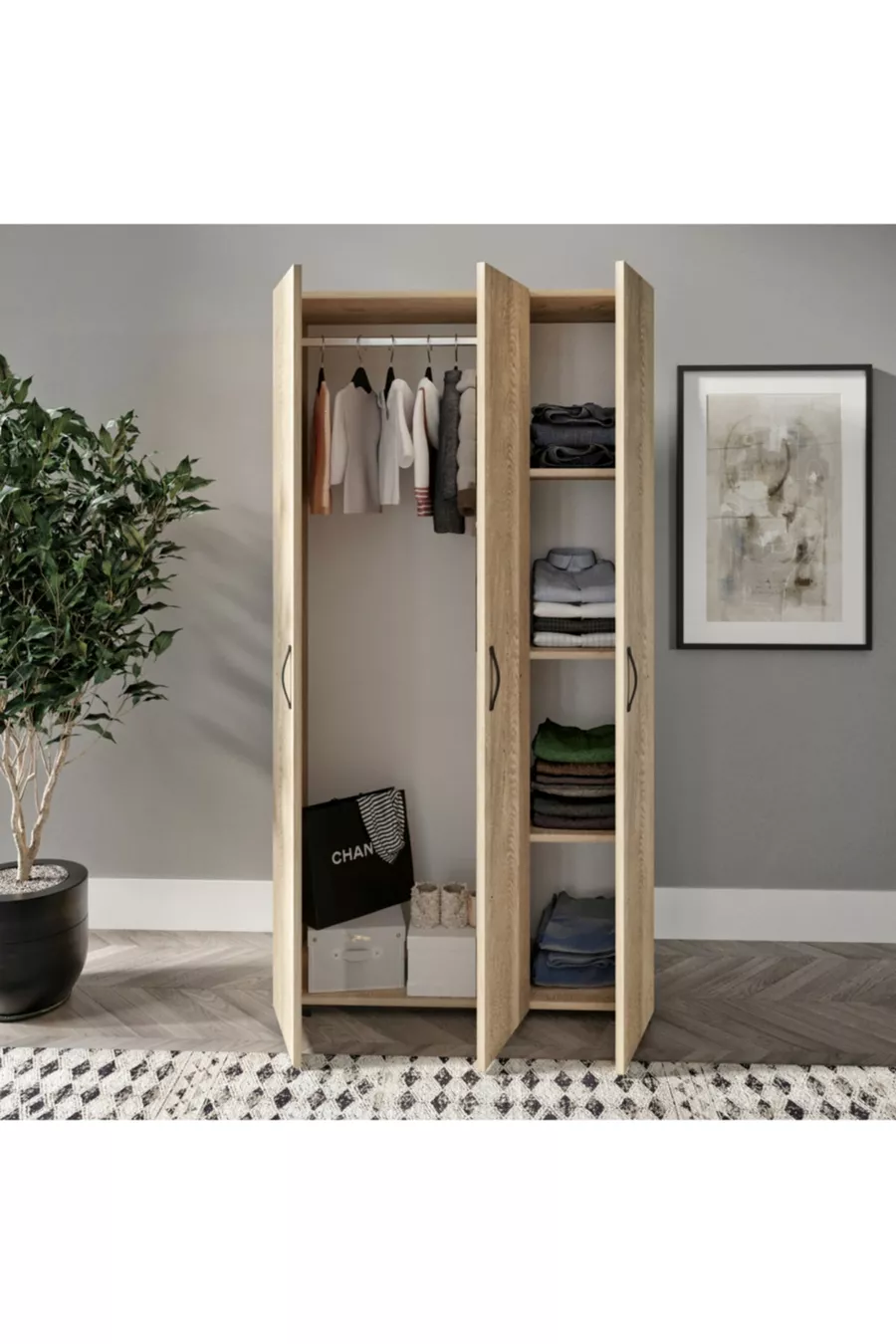Ensemble de Chambre d'Enfant Soft Chêne - Lit, Armoire à 3 Portes, Commode à 3 Tiroirs, Tout en MDF