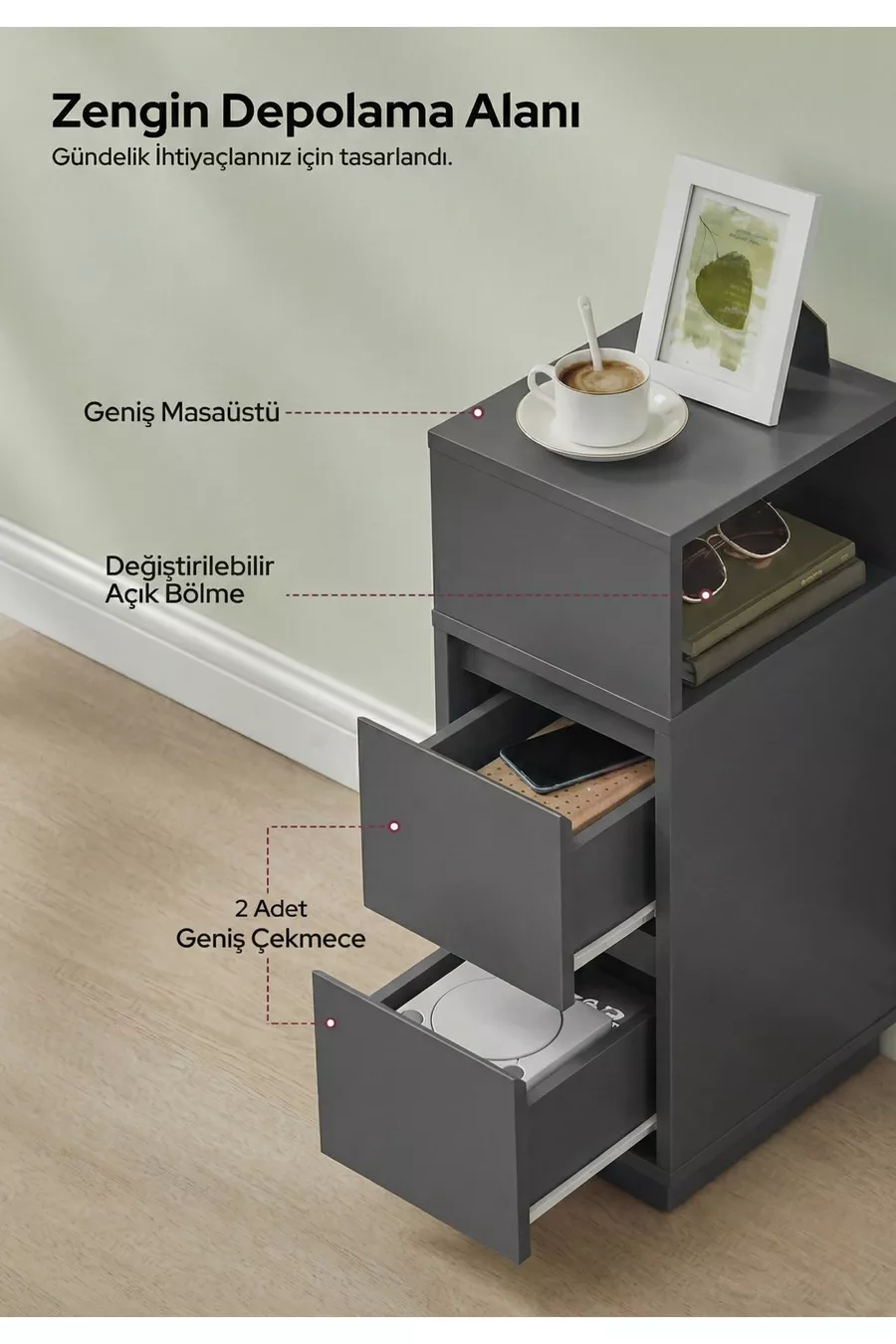 Table de chevet Alve Dar – 2 tiroirs, table d'appoint avec compartiment ouvert interchangeable pour chambre à coucher & salon M