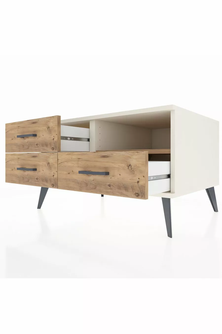 Commode Kronos avec une étagère et 3 tiroirs, Pierre de Lune-Pin