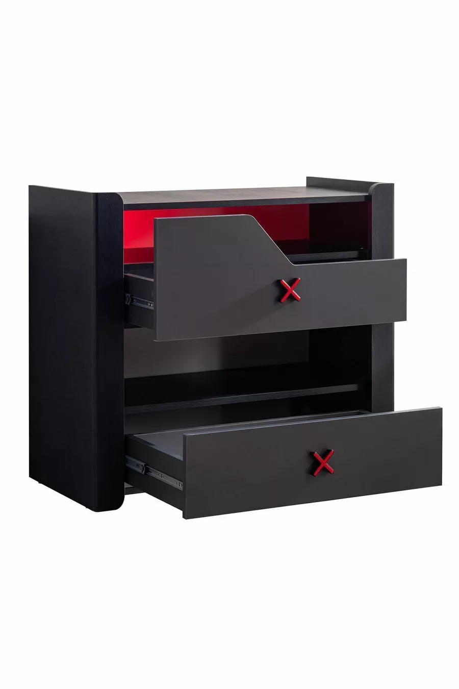 Chambre d'adolescent avec thème gamer - Armoire 2 portes, lit simple, table de chevet, bureau, commode, bibliothèque