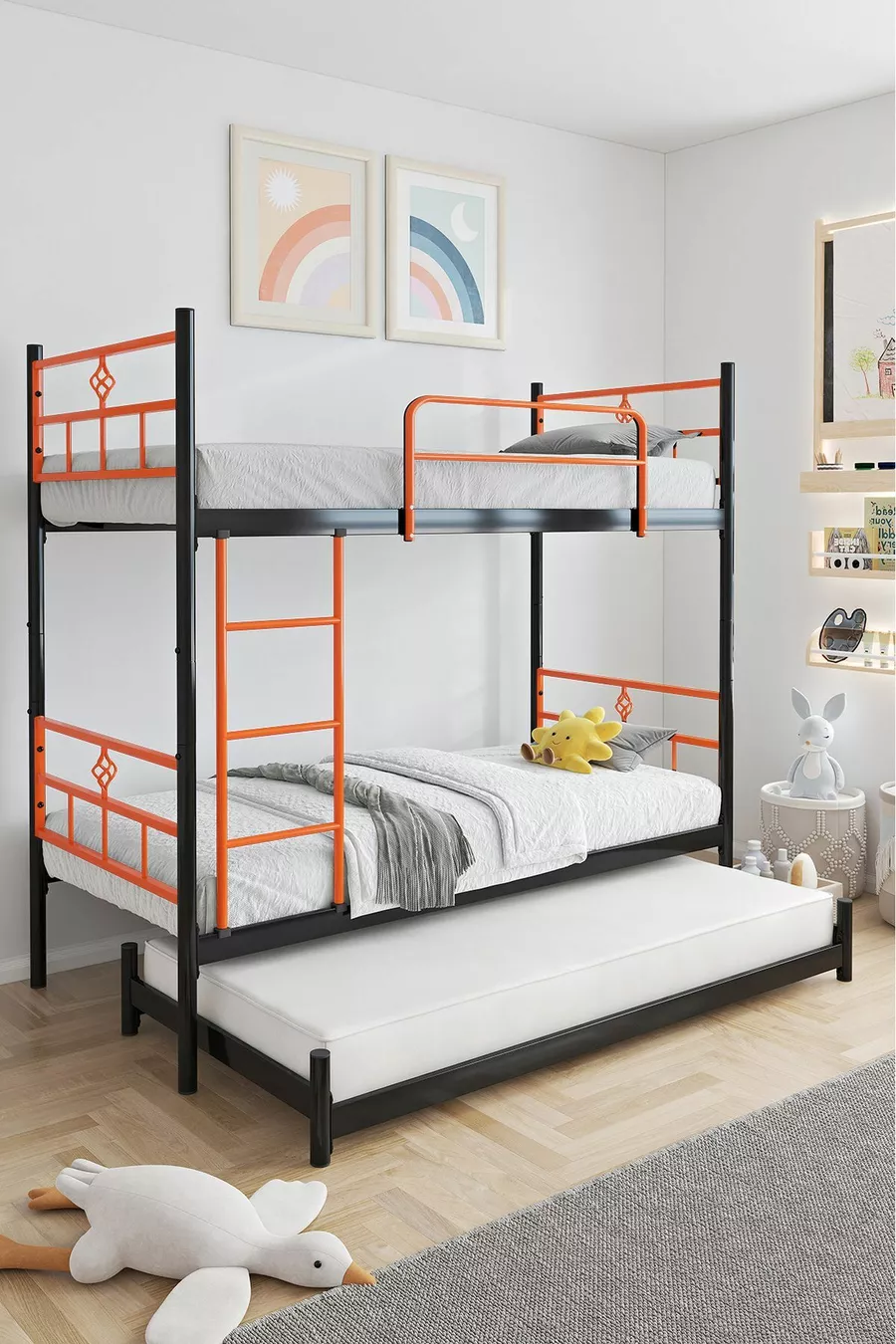 Lit superposé Koza avec tiroirs, compatible avec trois personnes, métal orange