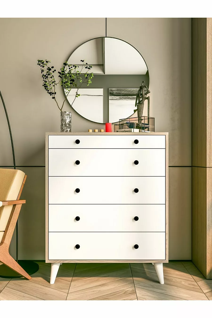 Commode Cordoba Blanc Brillant-marron 5 Tiroirs Commode de Campagne Table de Chevet en Bois