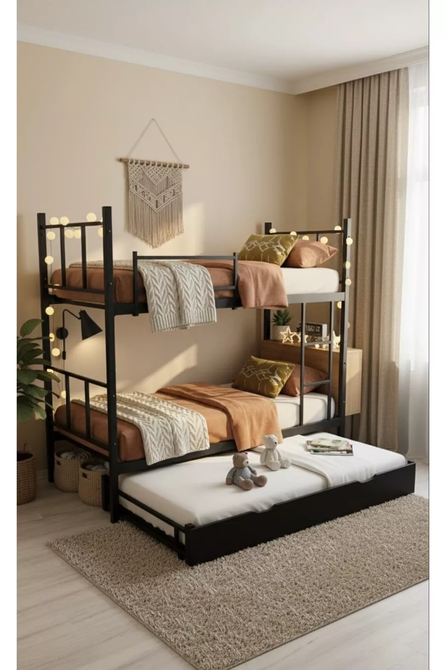 Lit superposé moderne avec étoiles, compatible avec lit, pour 3 personnes, lit superposé en métal noir
