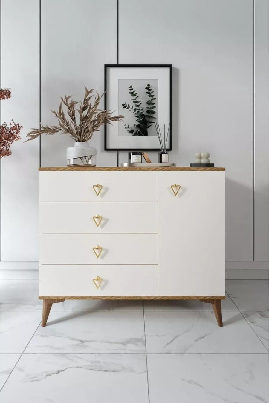 Commode moderne simple à 4 tiroirs et 1 porte, couleur écru et noyer