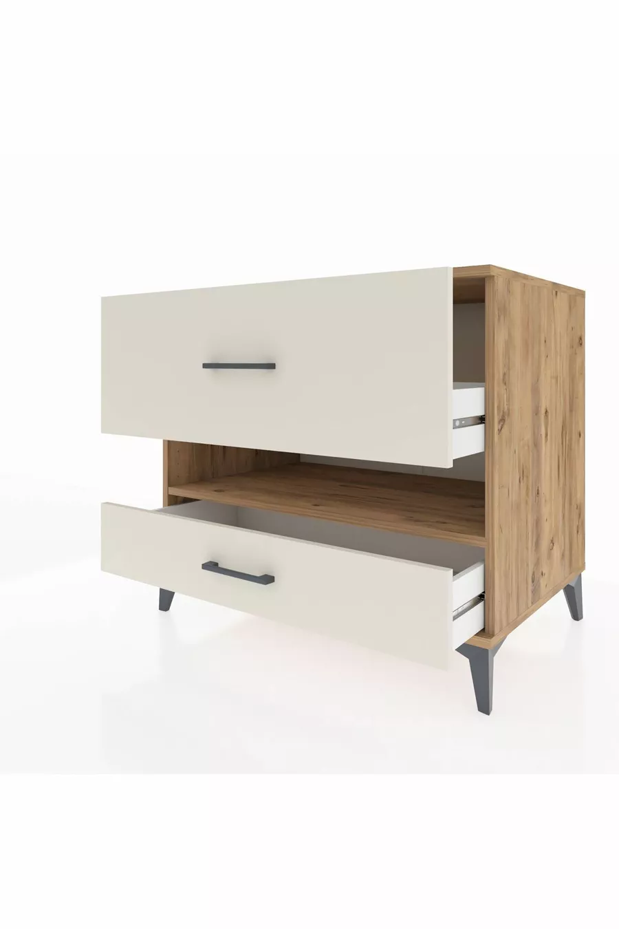 Commode Kronos à une étagère et 2 tiroirs en pin et pierre de lave
