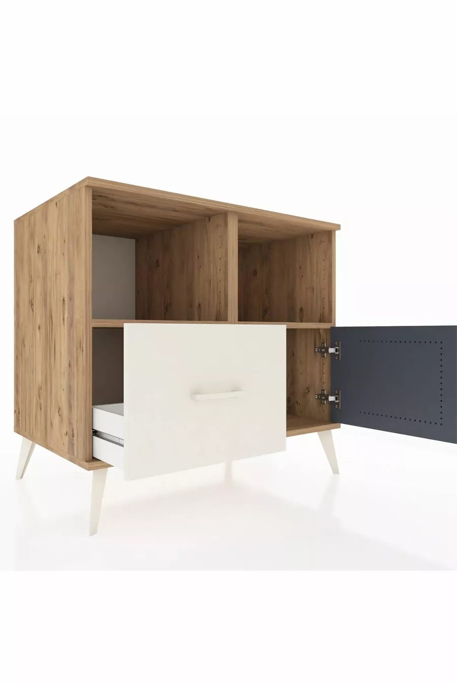 Commode Kronos avec 2 étagères, 1 tiroir et 1 porte, pin-anthracite/pierre de lune