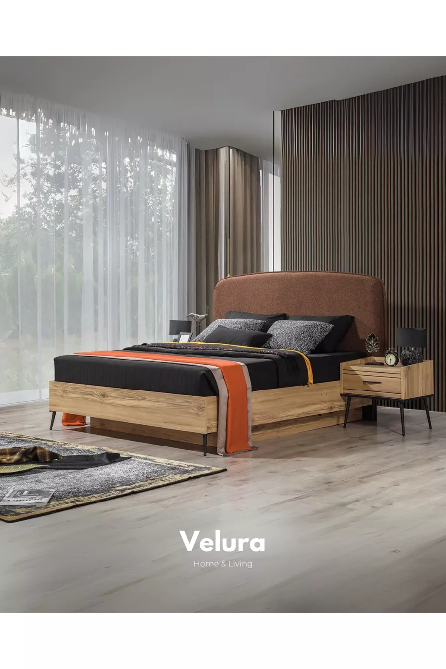 Ensemble de chambre à coucher İzgi (6 armoires en bois avec portes + commode + table de chevet + lit)