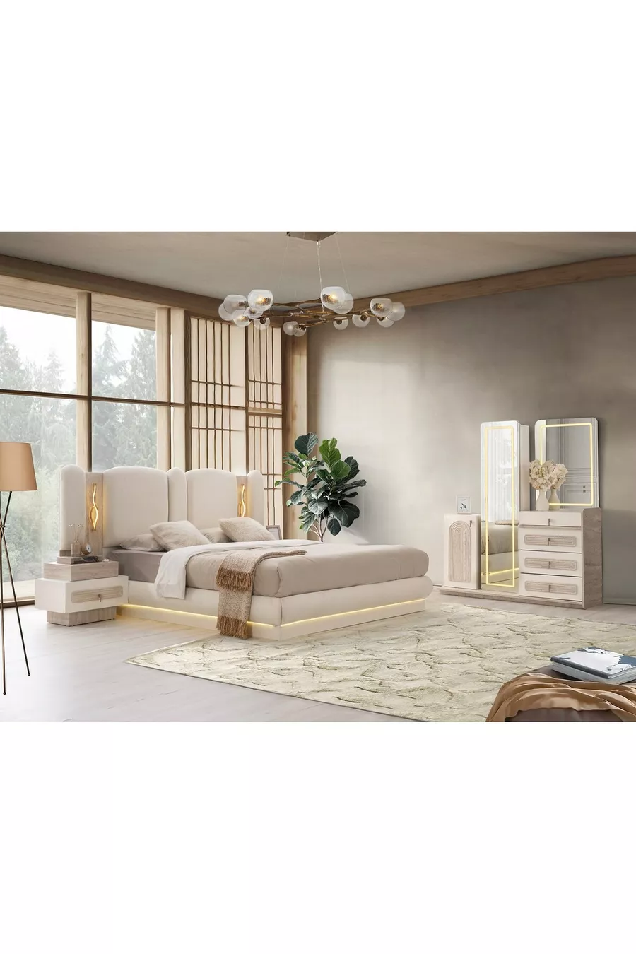 Chambre à coucher Dubaï avec sommier et LED en MDF