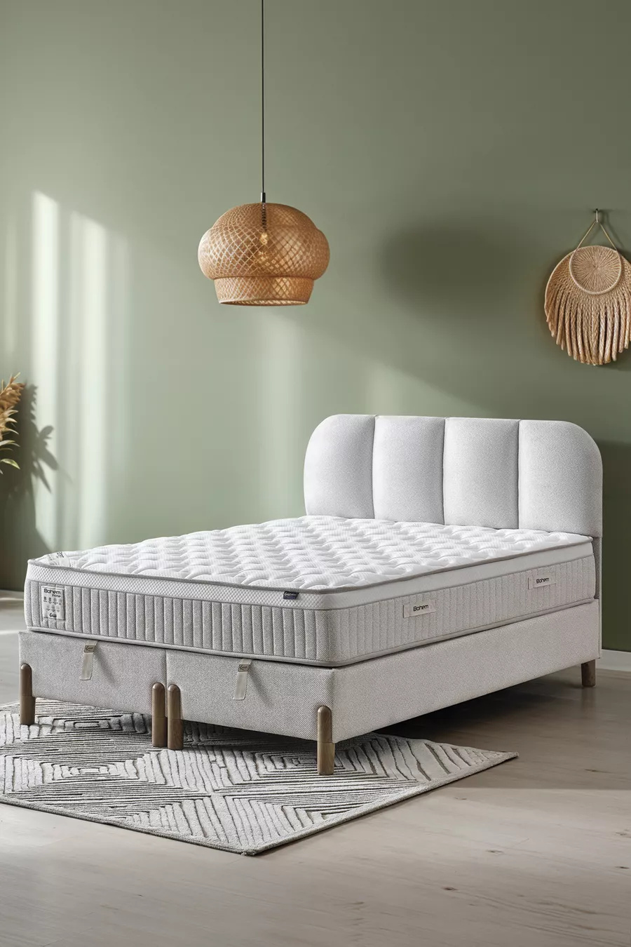 Ensemble Confort Bohem Prime pour Deux Personnes – Matelas à Ressorts Ensachés + Coffre-lit + Tête de Lit