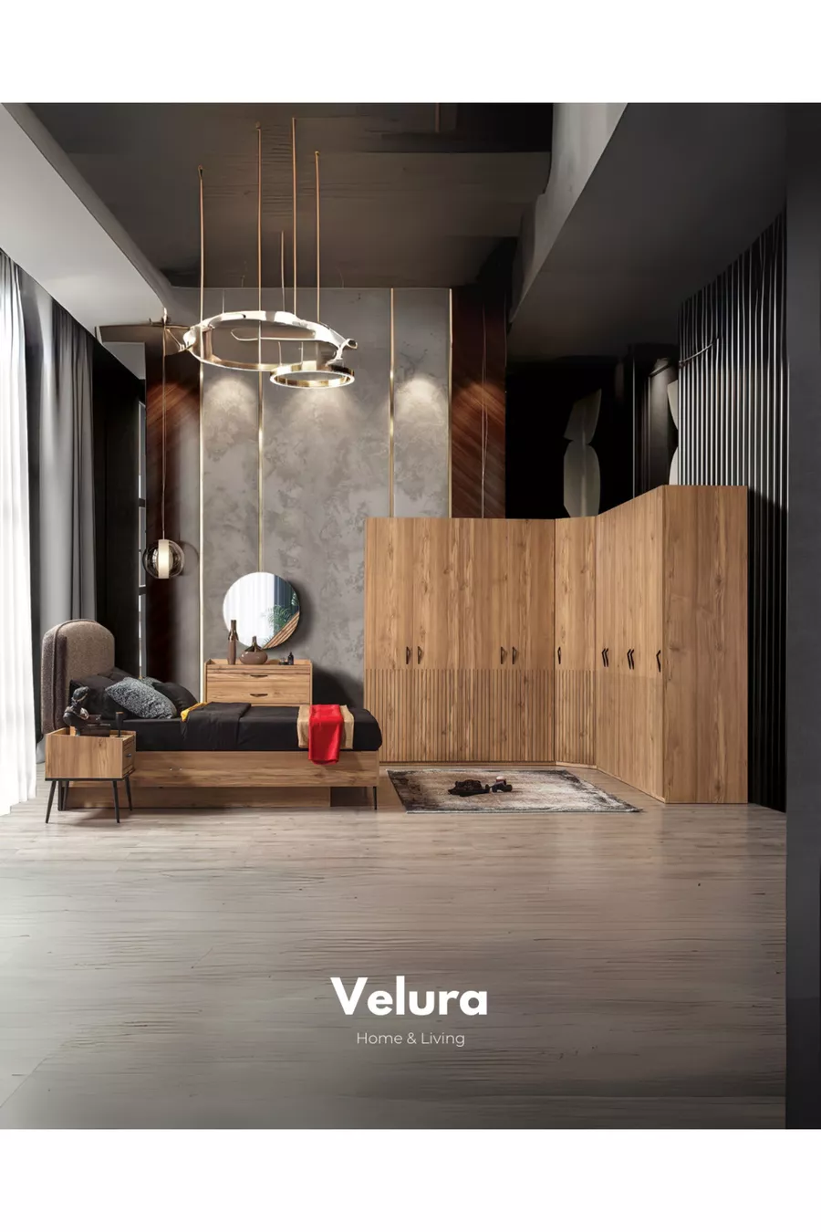 Ensemble de chambre à coucher İzgi (Armoire avec portes en bois + Commode + Table de chevet + Lit)