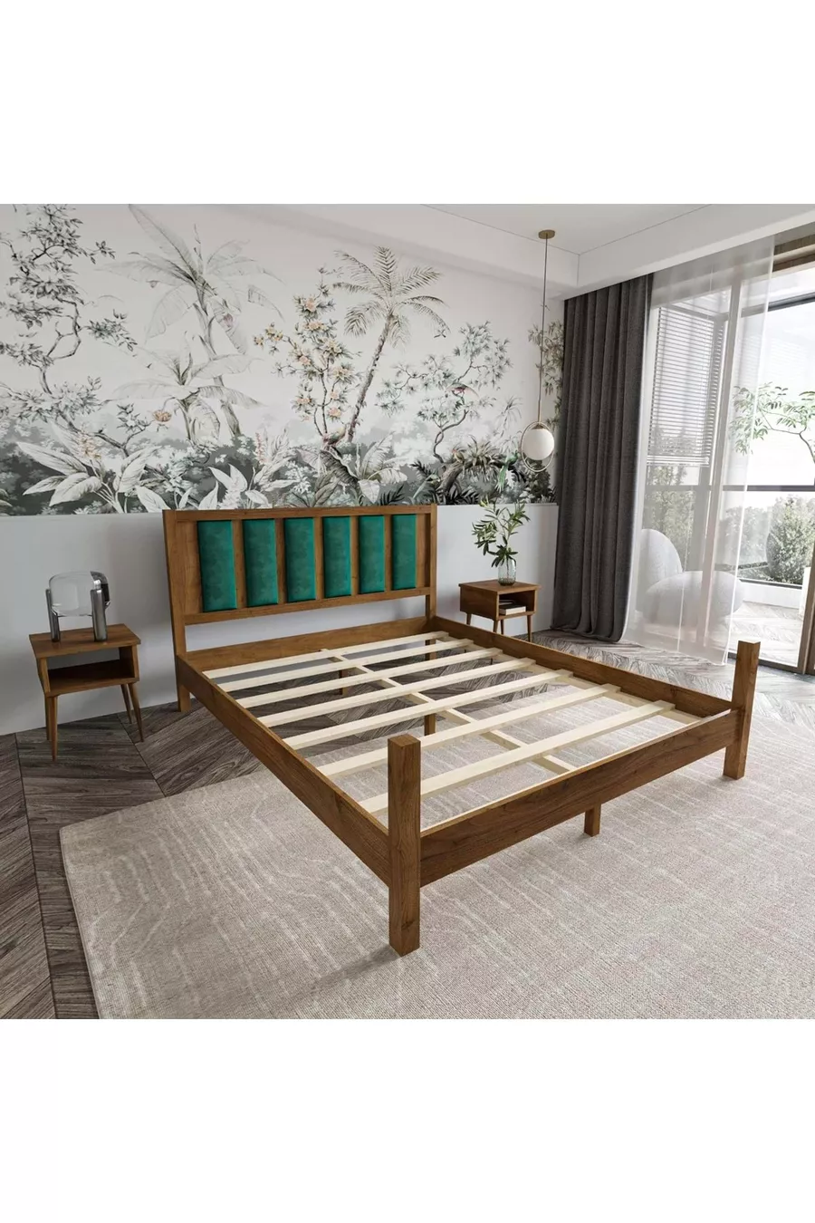 Lit en bois de pin couleur noyer avec tête de lit capitonnée vert émeraude Orion et ensemble de deux tables de chevet