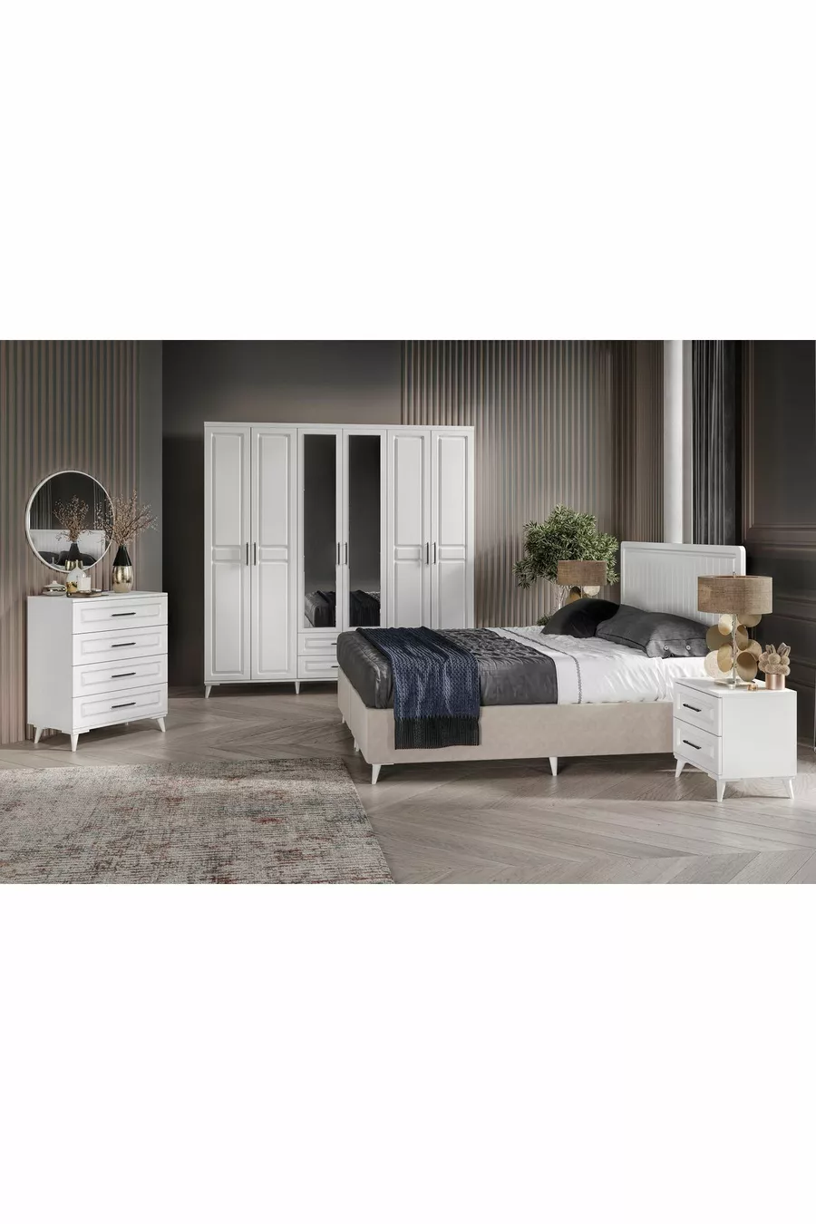 Ensemble de chambre à coucher complet en MDF blanc avec 6 portes Gözde, montage gratuit