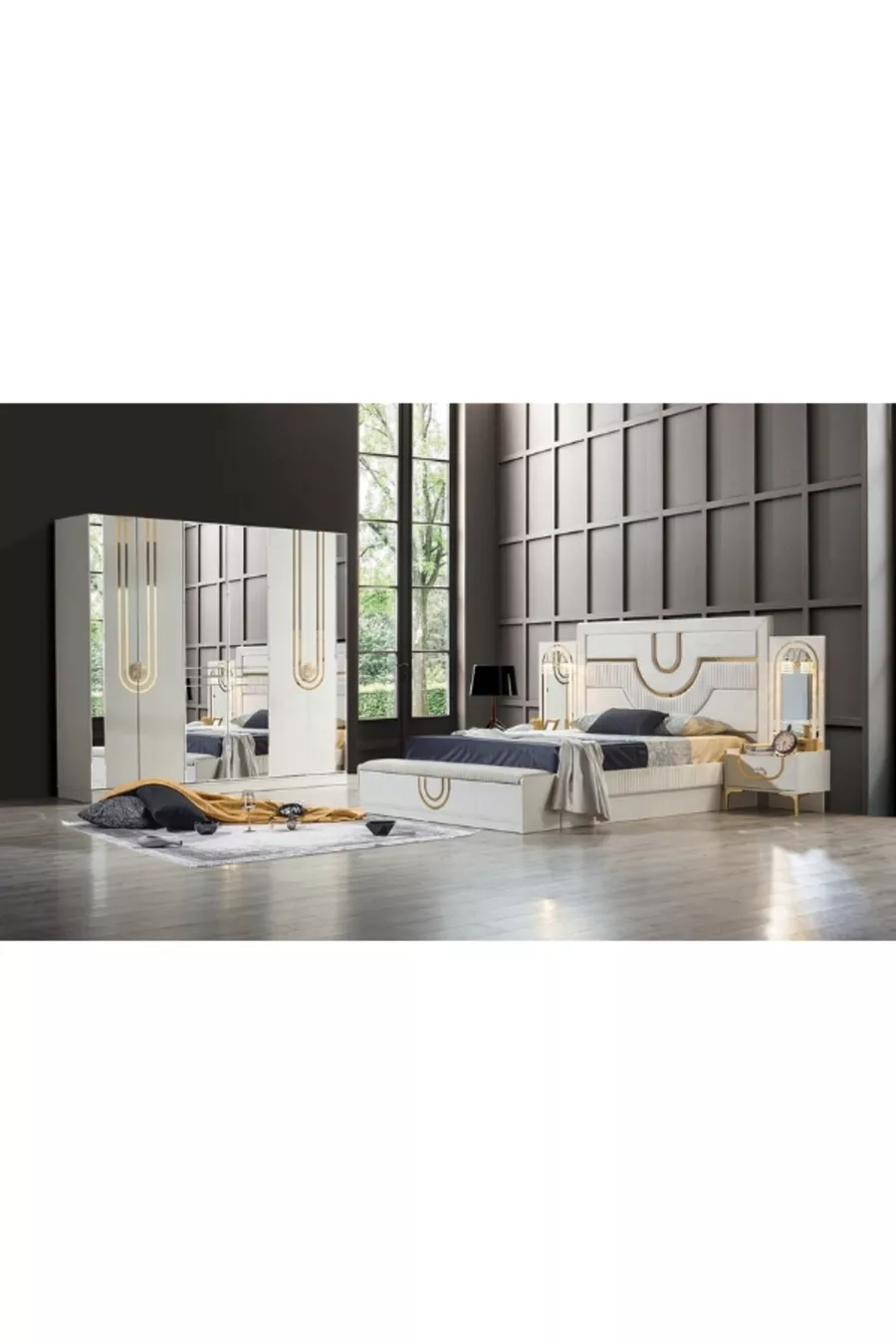 Ensemble de chambre à coucher avec base en aigue-marine et en MDF