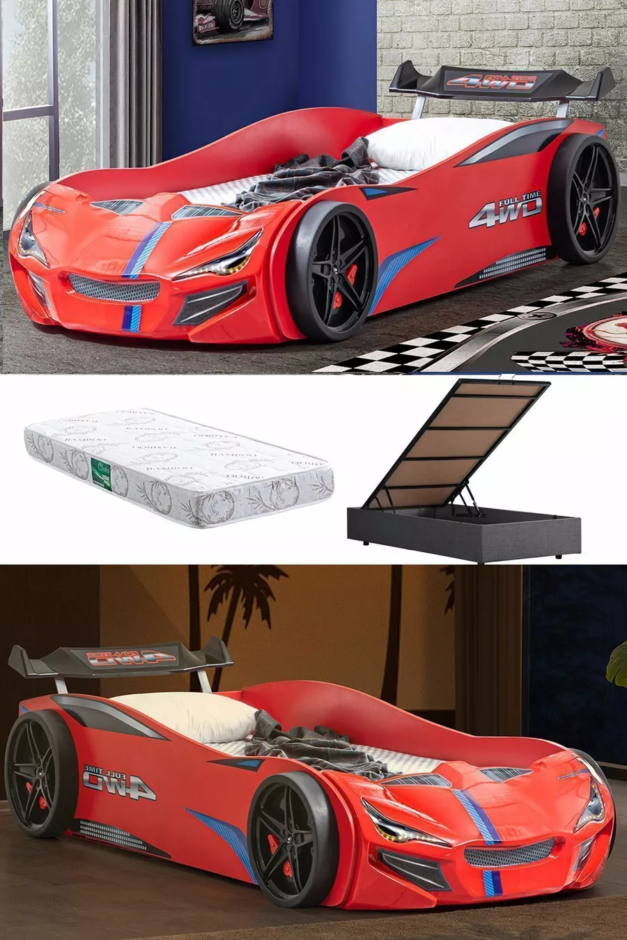 Lit avec voiture, lit avec base Merso et pare-vent - Rouge 1 pièce Matelas Comfort