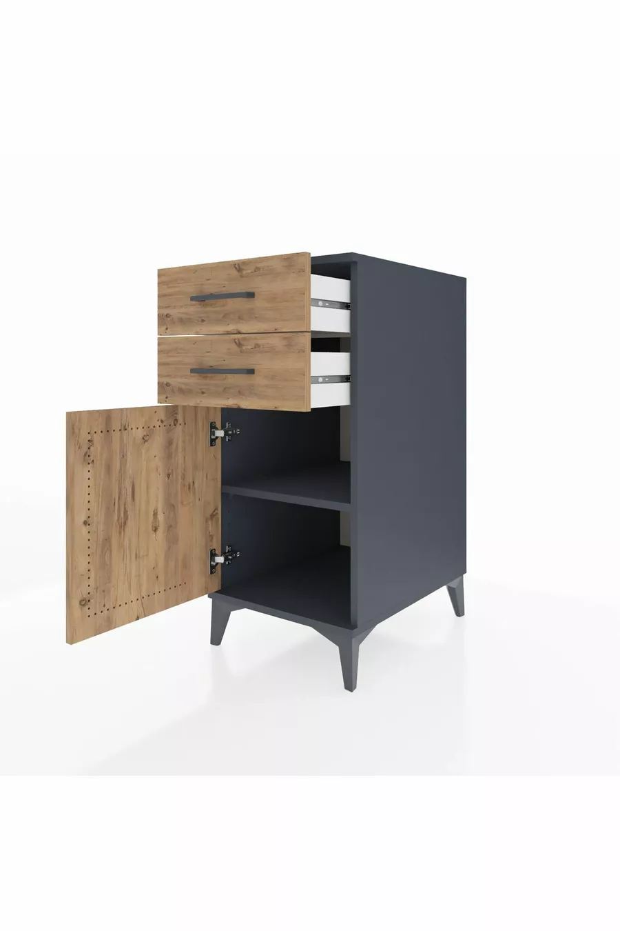 Kronos Chevet avec une étagère, 2 tiroirs et une porte, Anthracite-Pin