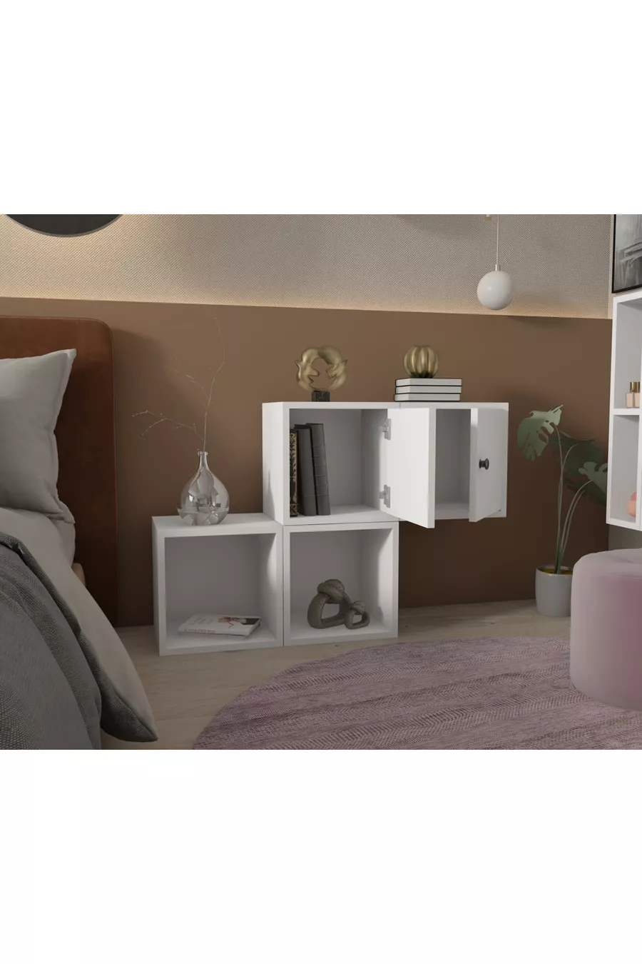 Ensemble modulable tête de lit-tiroir pour chambre à coucher – Blanc – 