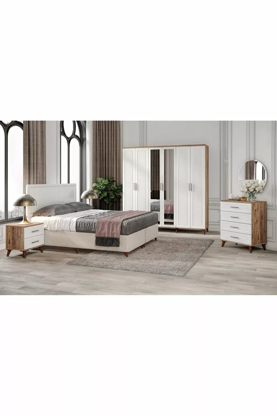 Ensemble de chambre à coucher en MDF complet Paris à 6 portes, pin Atlantique blanc (avec sommier)