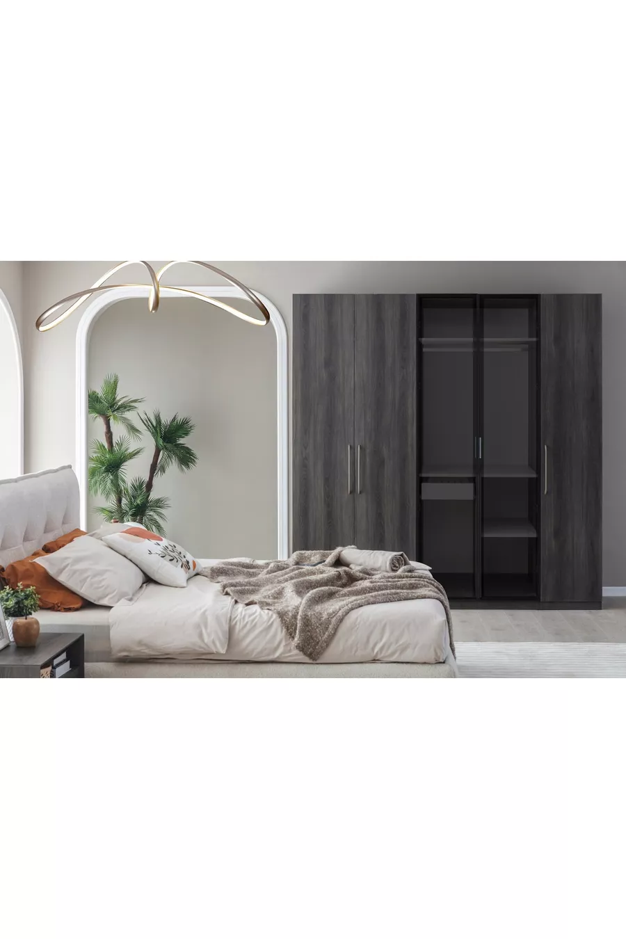 ENSEMBLE DE CHAMBRE PANDOR NOX, NOYER FONCÉ, 5 PORTES