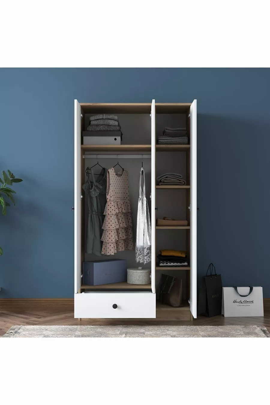 Armoire Rani  Wardrobe 3 portes 1 tiroir 6 étagères 1 panier suspendu Noyer - Blanc