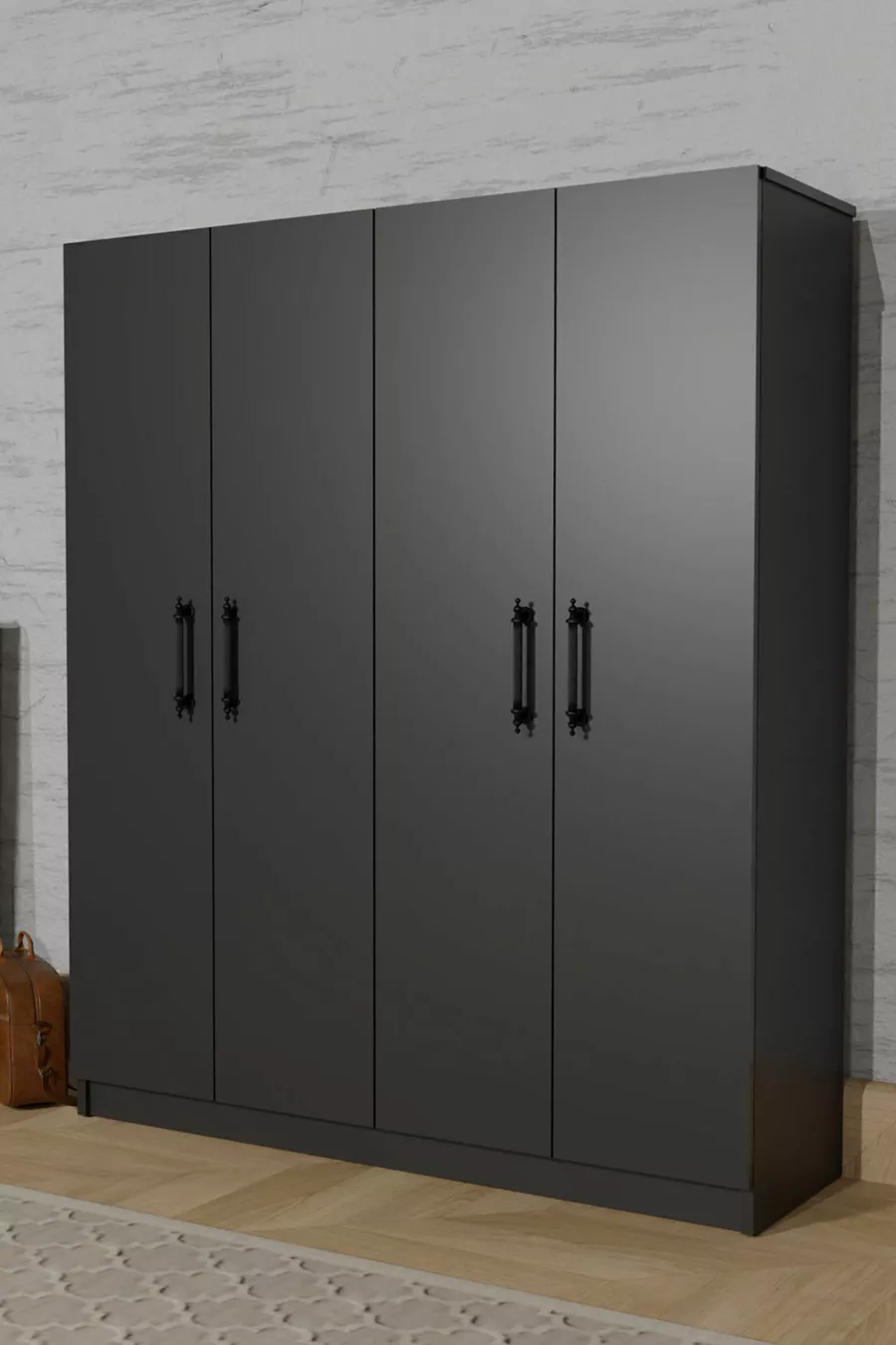  ARENA ARMOIRE GRIS ANTHRACITE 4 PORTES, 2 BARRES POUR PENDERIES, 6 ÉTAGÈRES