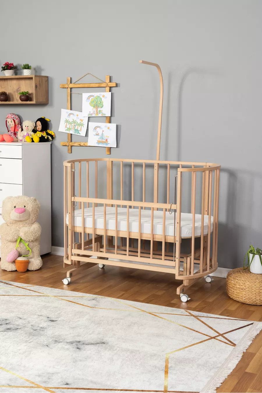 Berceau en bois pour maman à bascule Papatya biologique (SANS PEINTURE) avec lit et roulettes
