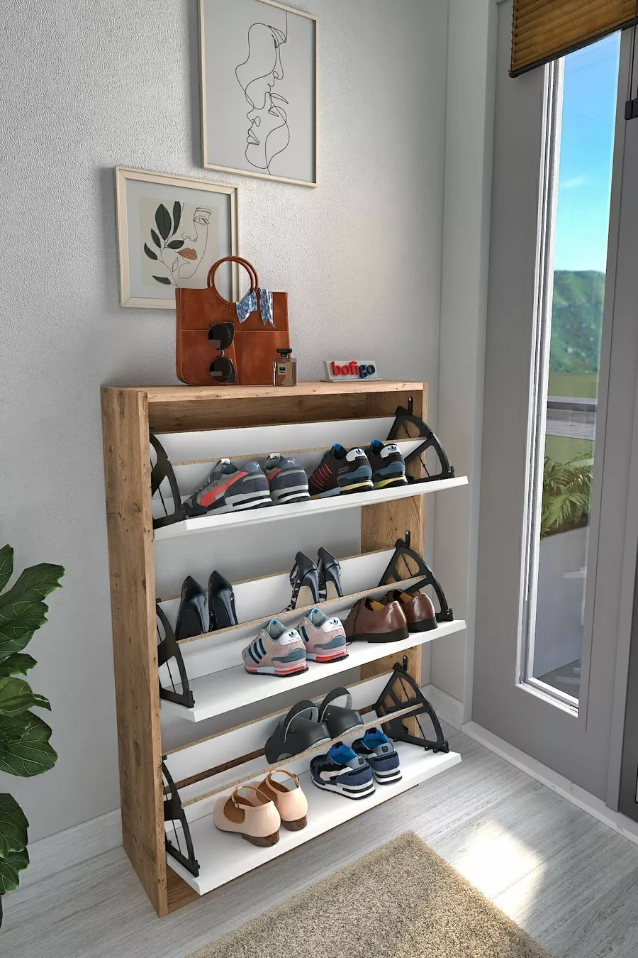 Placard à chaussures à abattant, placard à chaussures à étagères coulissantes, placard à chaussures à 3 compartiments, ange pin-blanc