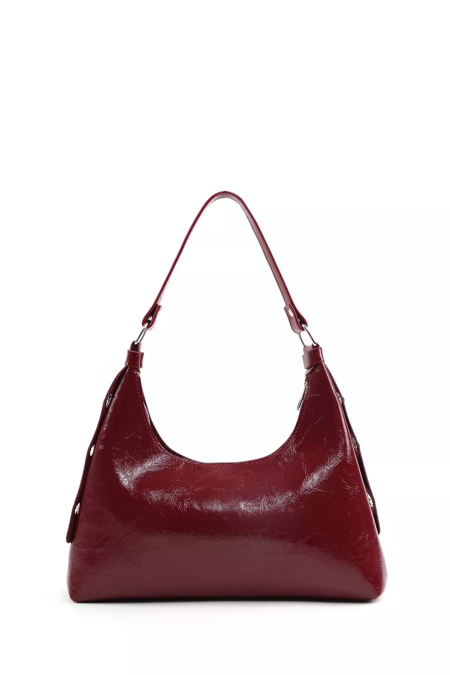 Sac à main et à épaule pour femme en cuir synthétique bordeaux à texture froissée, modèle , à un compartiment, forme baguette