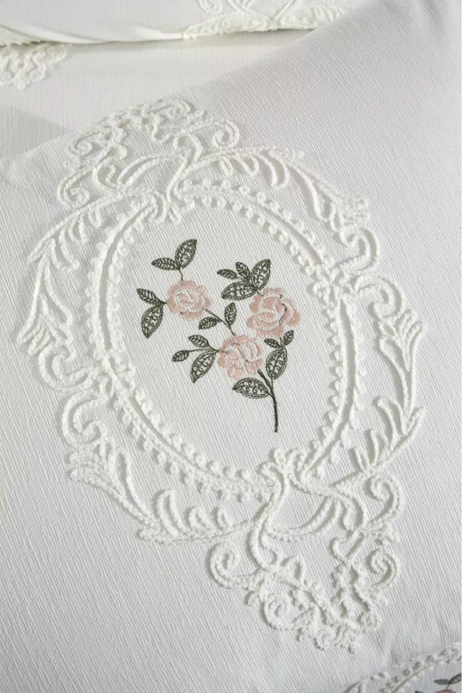 Housse de lit double 3 pièces en chenille brodée Gardenlove, couleur crème
