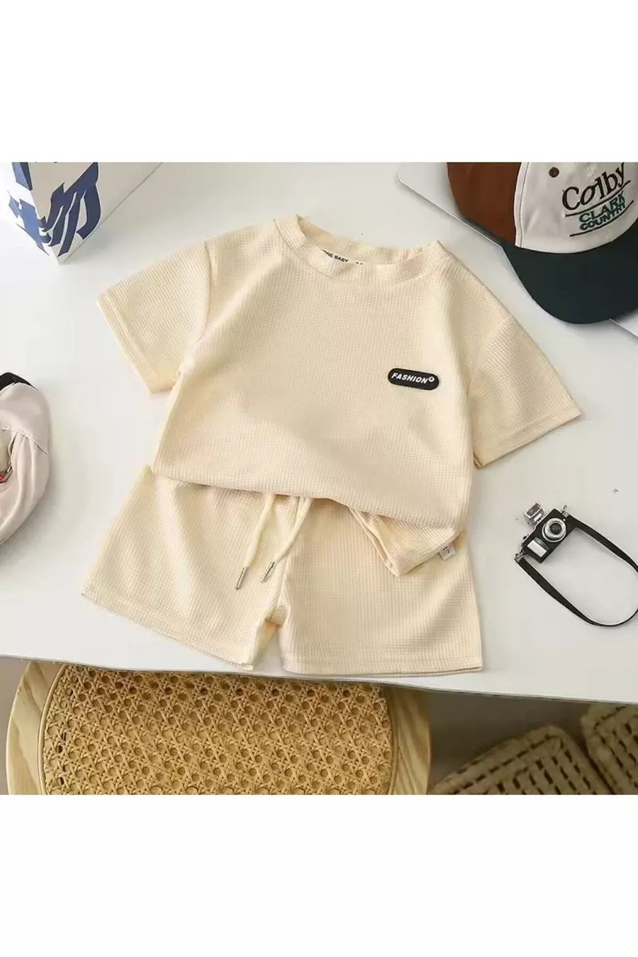Ensemble d'été Waffle Fashion avec short 6 mois - 3 ans Beige clair
