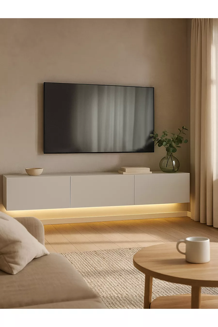 Meuble TV à LED Li  cm - Couleur Sable, Moderne, Large, Design avec Étagères - Table TV | Cercei