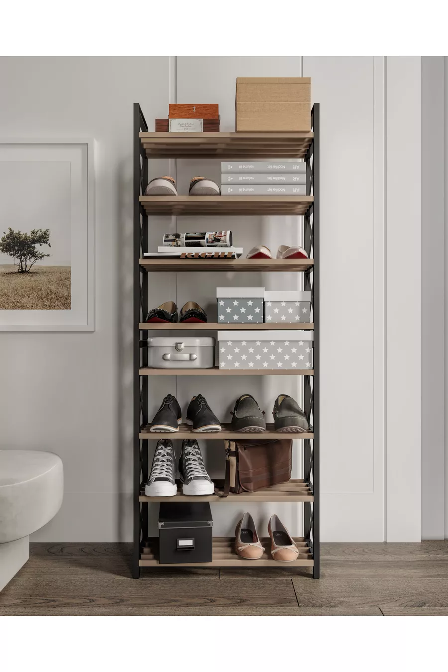 ORGANISEUR DÉCORATIF ÉTAGÈRE À CHAUSSURES MASSIF EN BOIS ET PLASTIQUE 8 NIVEAUX
