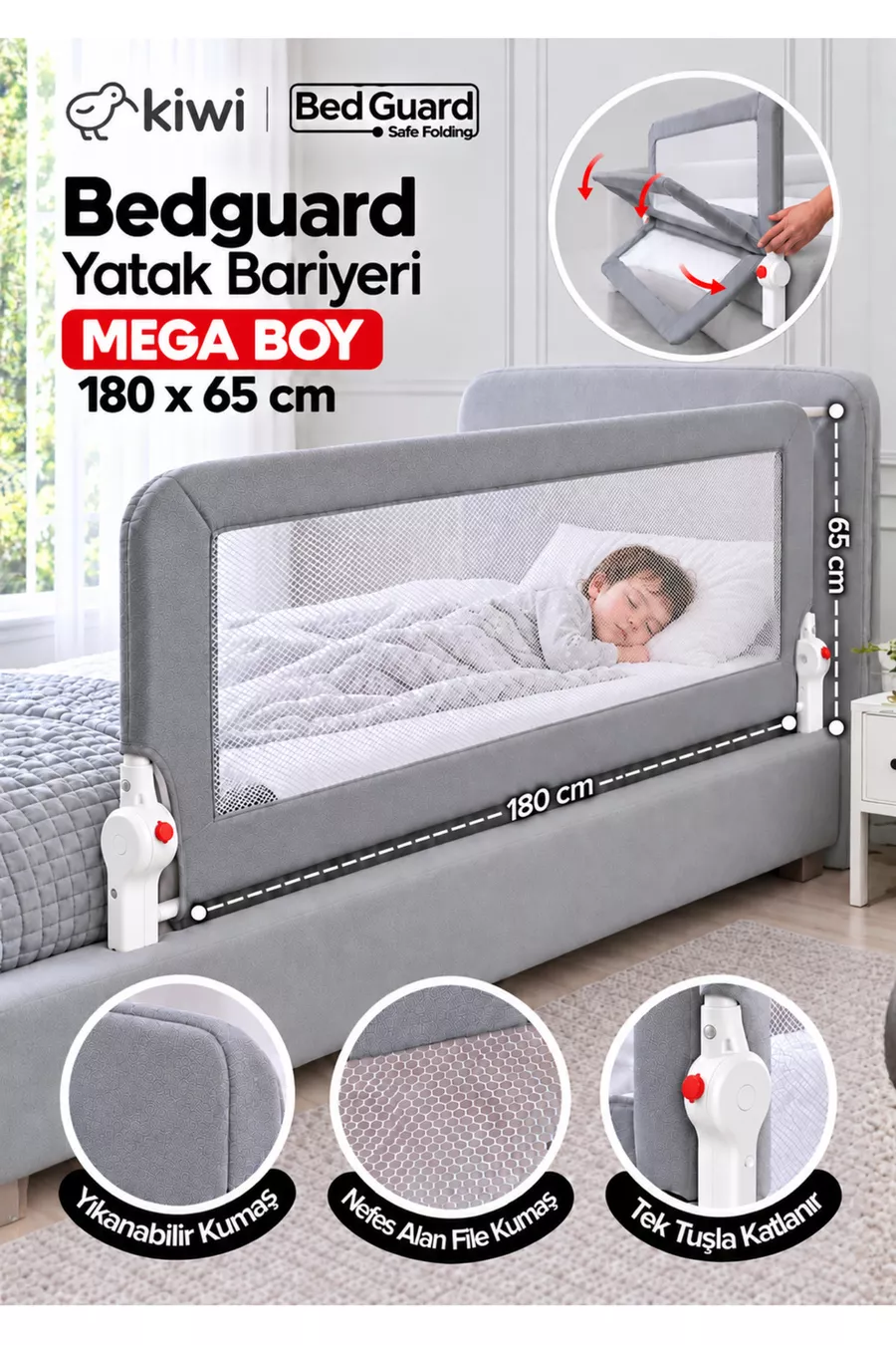 Barrière de sécurité pour bébé – Barrière de lit pliable pour enfant, anti-chute – CM Gris