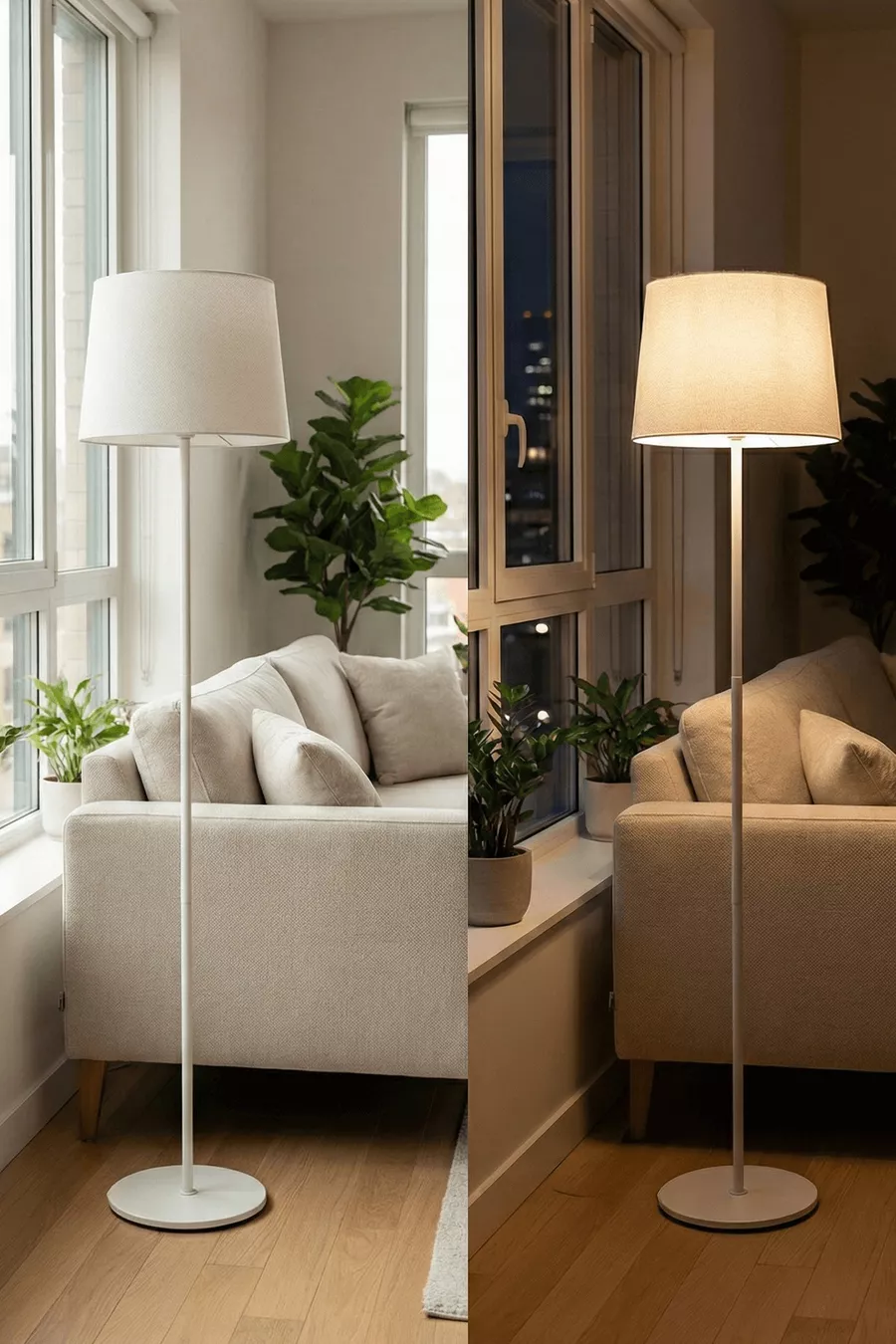 Lampadaire en tissu métallique crème à une seule jambe Cora pour salon, séjour et chambre à coucher