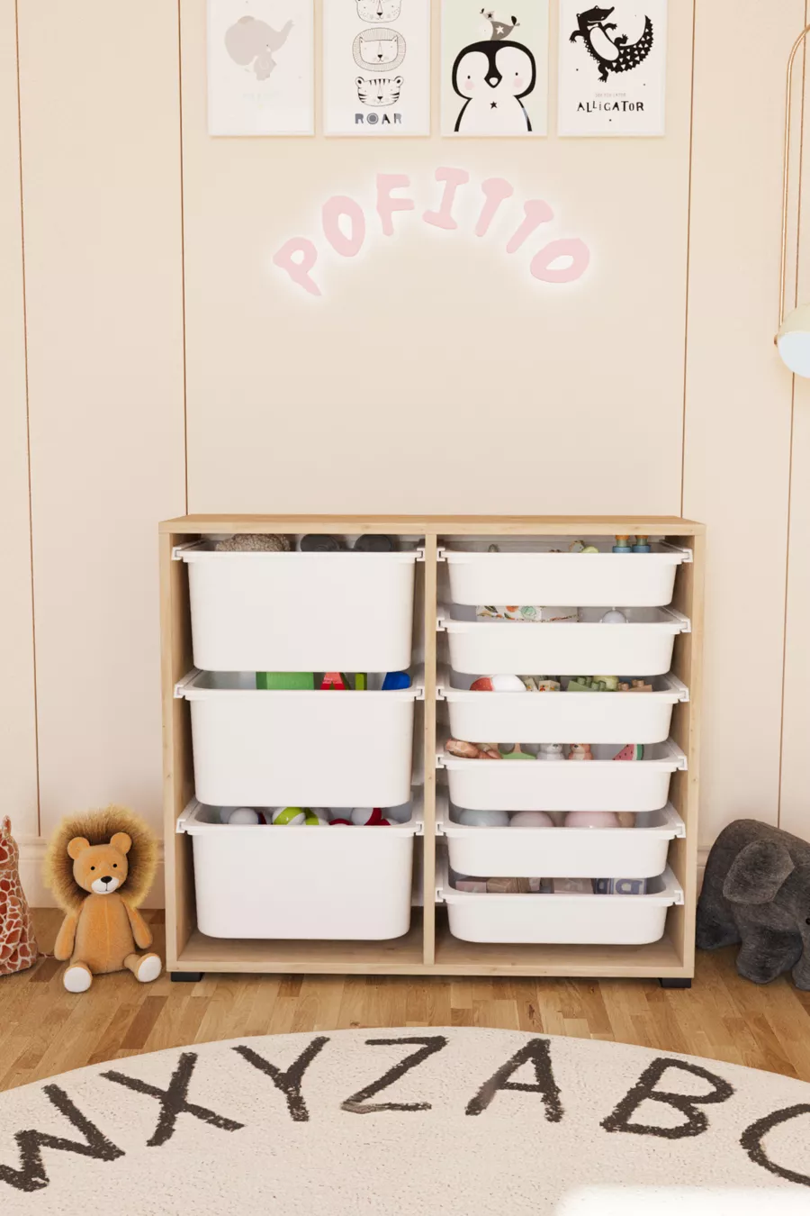 Armoire à jouets 3 profondurs 9 paniers, meuble polyvalent pour cuisine, cellier et salle de bain