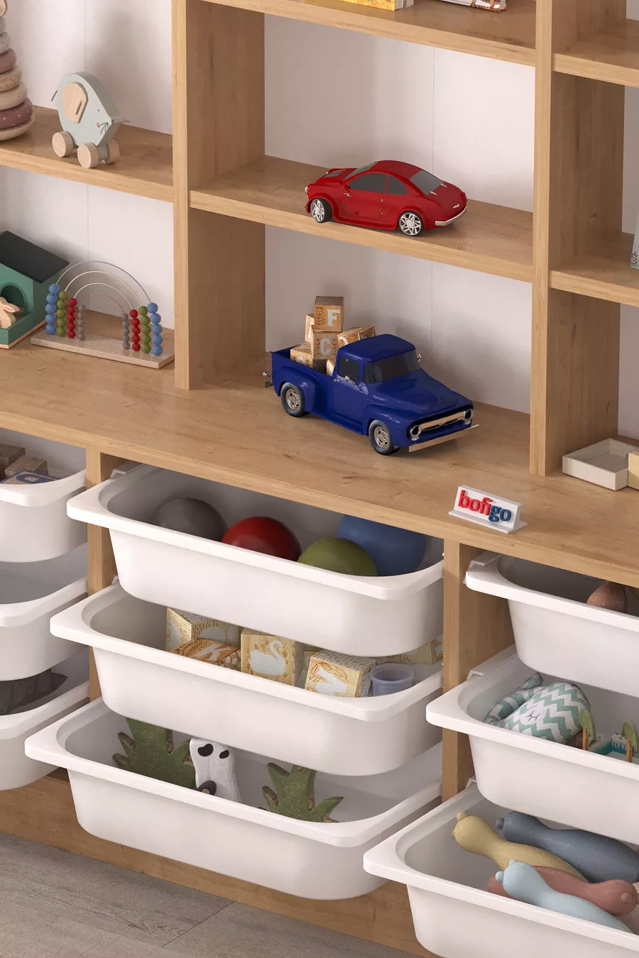 Armoire à 9 étagères et 9 paniers, armoire polyvalente, armoire à jouets Almina Chêne Saphir