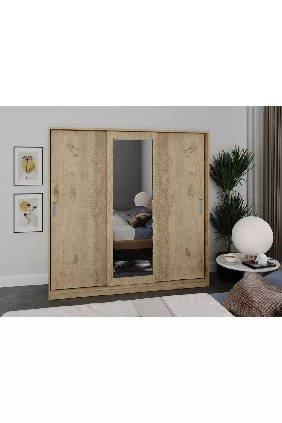 Armoire à vêtements avec miroir coulissant à 3 portes Samira - MDF chêne intégral