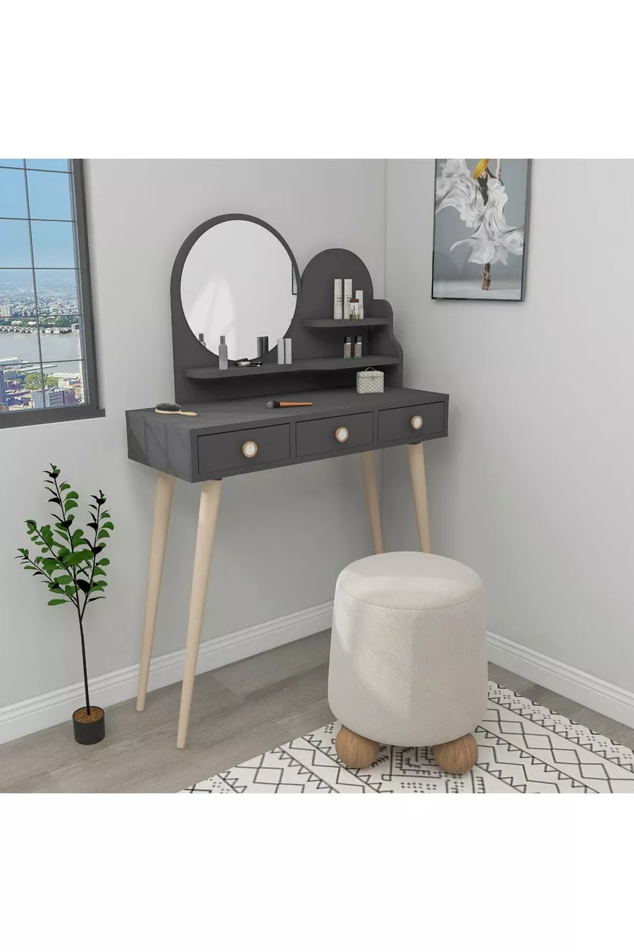 Coiffeuse en bois avec miroir et tiroirs Ruges sur pieds, anthracite - Ruges