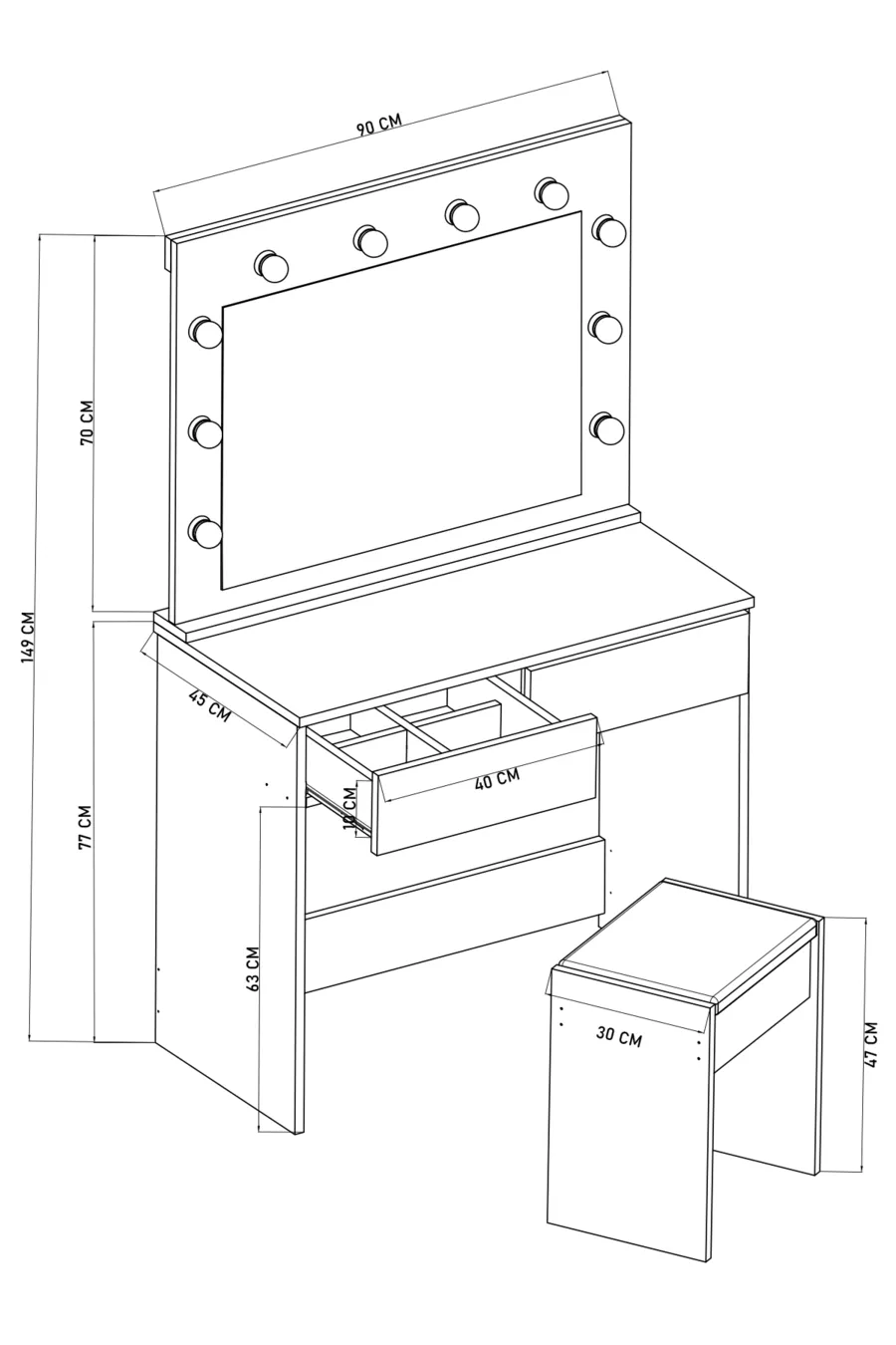 Table de maquillage Hollywood avec miroir et éclairage LED, table de cosmétiques avec organiseur à tiroirs compartimentés