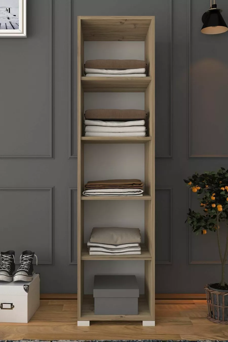Placard de salle de bain et de vêtements à une porte Nisan  cm en noyer clair et blanc avec 5 étagères - Armoire