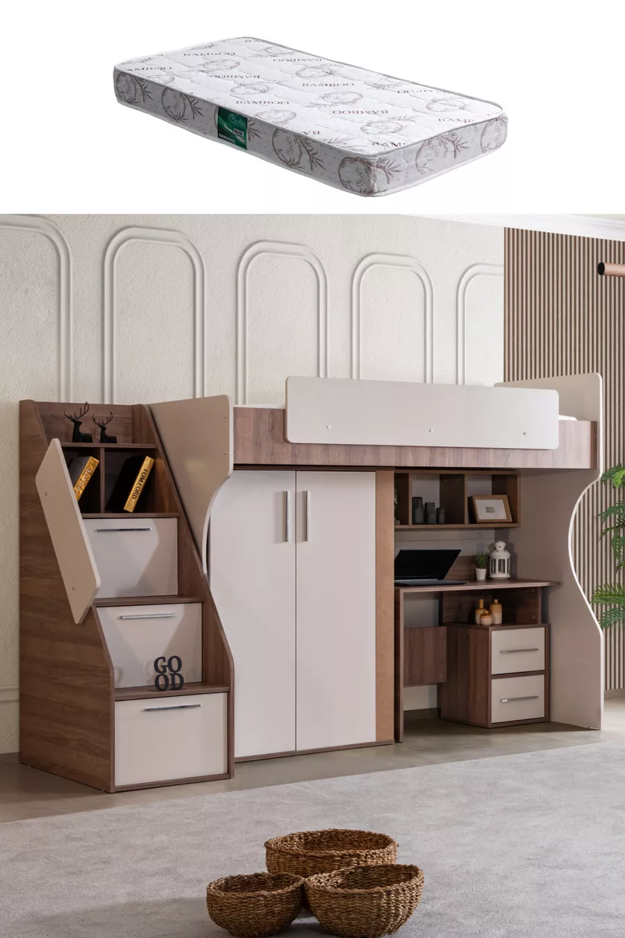 Lits superposés avec bureau et armoire Milano, moderne + 1 matelas Comfort