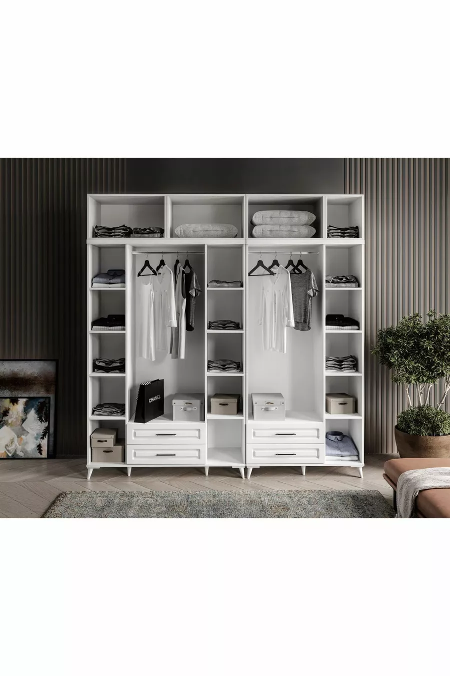 Armoire blanche complète en MDF avec 7 portes et penderie Gözde, montage gratuit